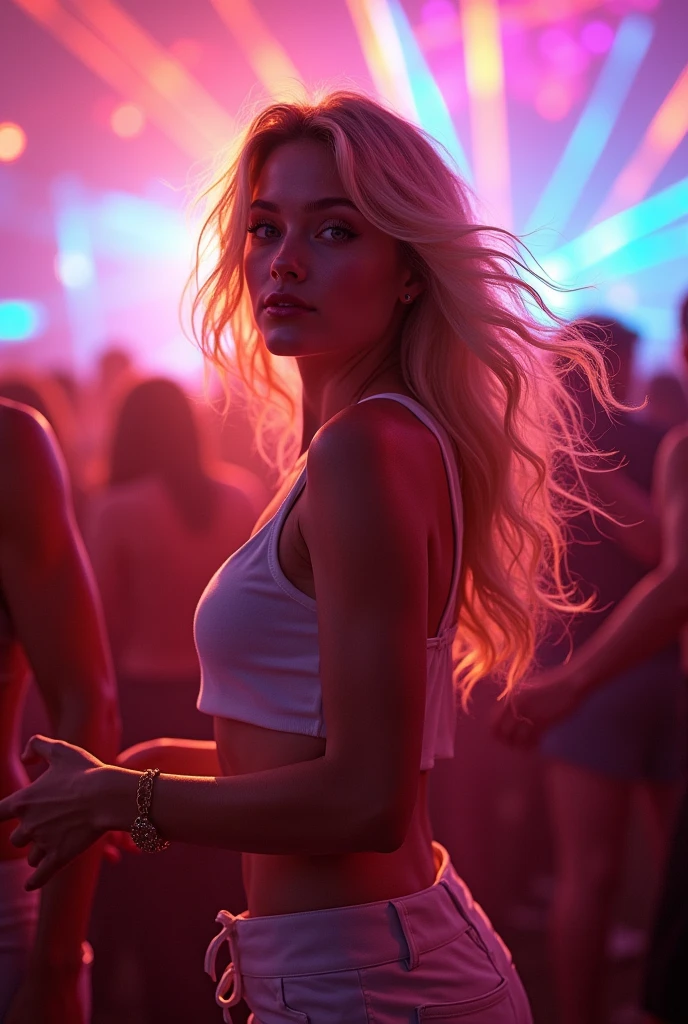 a beautiful woman in electronic music culture clothes, dancing EDM, in the background and around a lot of colored smoke, illustration, artistic