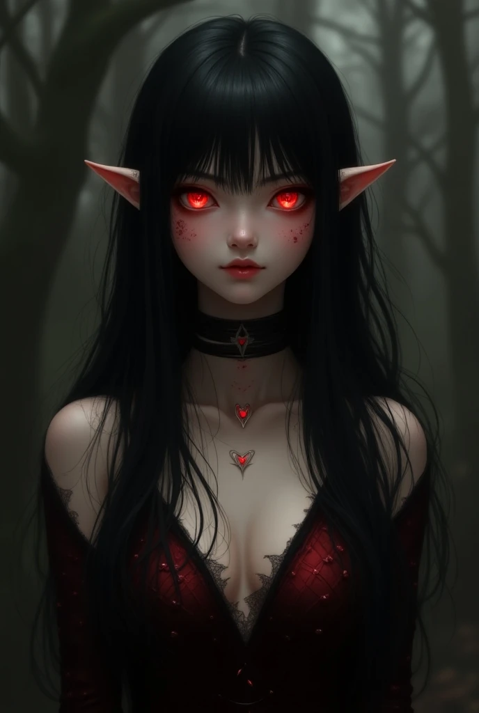 A girl with long loose black hair, crimson red eyes. Deep red lipstick, red eye shadow , very big breasts demon, geisha clothes , big breasts, ((arms behind back)), dragon, portrait, close up, big eyes, ulzzang, sparkling eyes,