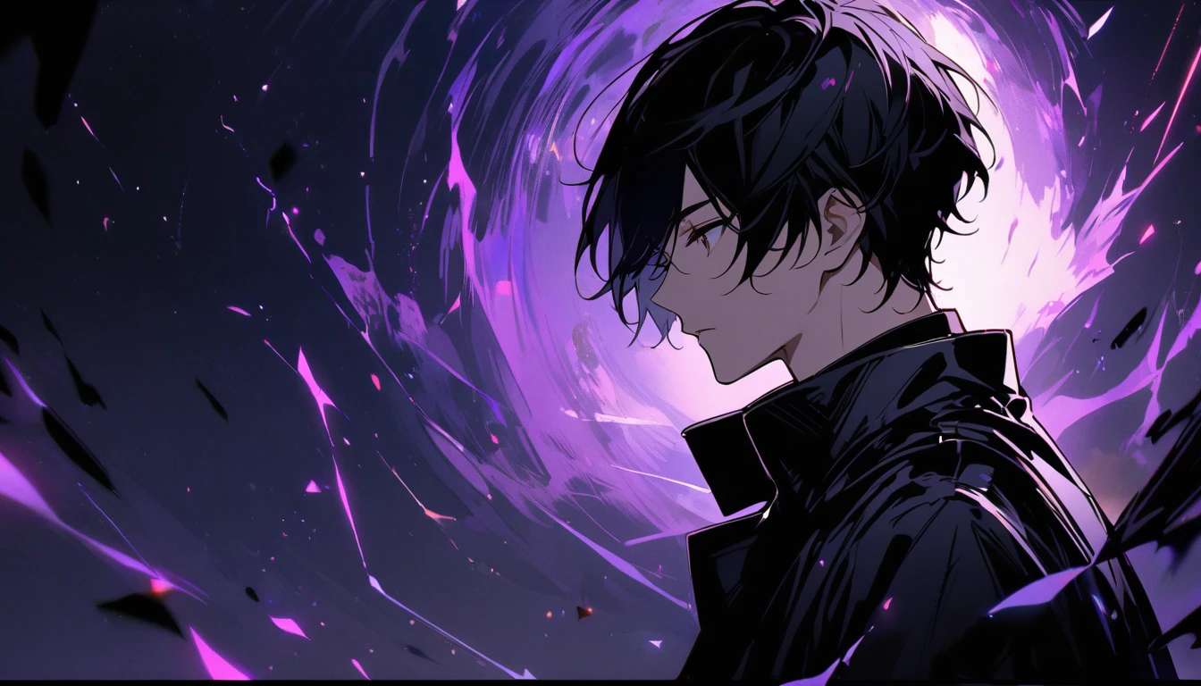 handsome,   alone  , 1 person, Short hair, Black hair,   purple,   black shirt, Black coat,  in a black space.,