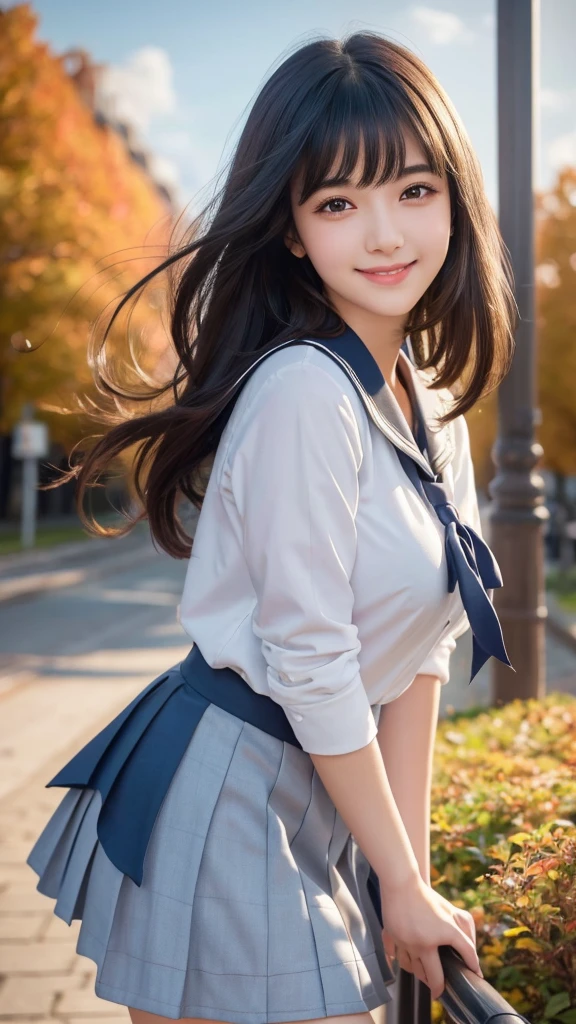 a high school girl with medium-length black hair and bangs, large breasts, smiling, wearing a sailor uniform, against a background of autumn sky, short skirt, detailed face, beautiful detailed eyes, beautiful detailed lips, extremely detailed eyes and face, long eyelashes, realistic, photorealistic, photo-realistic:1.37, best quality,4k,8k,highres,masterpiece:1.2,ultra-detailed,HDR,UHD,studio lighting,ultra-fine painting,sharp focus,physically-based rendering,extreme detail description,professional,vivid colors,bokeh,anime,cute,charming