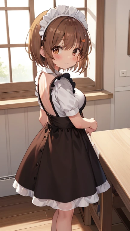 1 VERY YOUNG GIRL , Alone,  short stature ， ddler figure ，Short legs，Girl and Tank, nishizumi miho,   Brown Eyes , Brown Hair,  short hair, (  maid clothes:1.4), closed mouth, happy ,indoor, Cafe、 Super big breasts 、Expose&#39;chest、Naked&#39;chest、chestを皿の上に置く