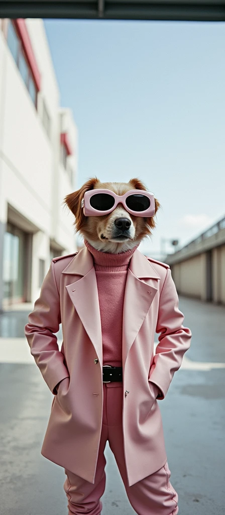 Dog with sunglasses，Dress fashionably anthropomorphic animals，dog，Driving a luxury car pink and yellow