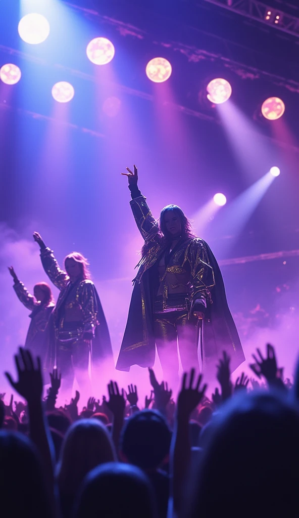 "Babymetal em um palco de concerto vibrante durante a turnê Metal Galaxy,  presenting an energetic performance .  The three members — SU-metal , MoaMetal,  and a third performer in iconic Japanese-style and metal costumes — are taking center stage,  each wearing a black and gold costume with metallic details ,  inspired by the galactic theme . SU-Metal is in front ,  holding the microphone with intensity , enquanto MoaMetal e a terceira performer fazem poses marcantes e expressivas ao lado dela.  The stage lights create a color effect ranging from purple to blue ,  with bright spots that emphasize the space theme . The public,  visible as a multitude of shadows ,  raise their hands in reverence to the powerful rhythm .  Mist and smoke effects add depth ,  giving the environment a sense of mysticism and metallic force ."
(anime style 32K, HDR, UHD, intricate detail, extremely intricate detail, hyperrealistic, extremely realistic, high quality, vivid color, extremely detailed).