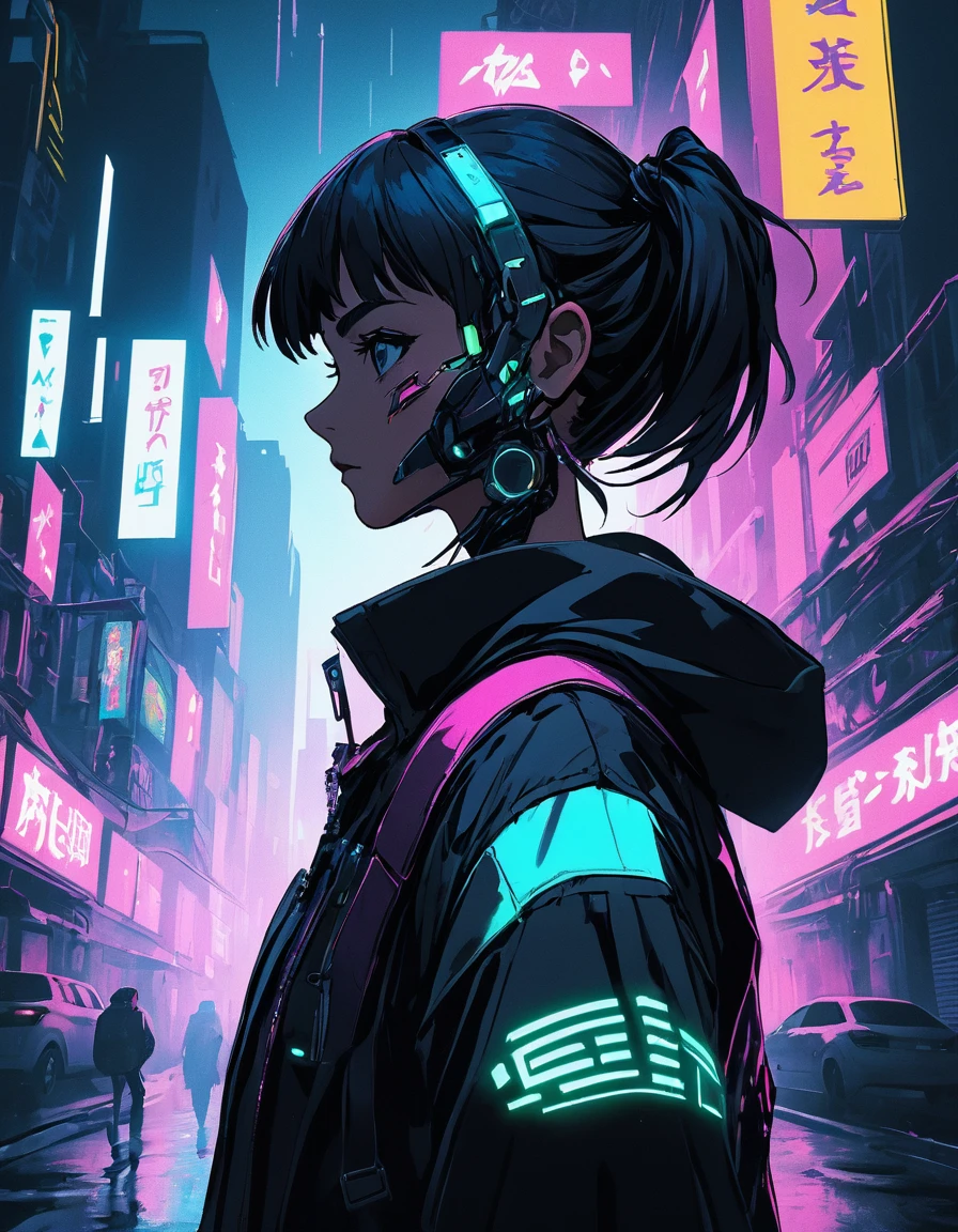 A masterpiece digital art, high resolution, anime style, 4k wallpaper, a head portrait of Lucyna walking on streets with neons, cyberpunk vibe, cyberpunk background