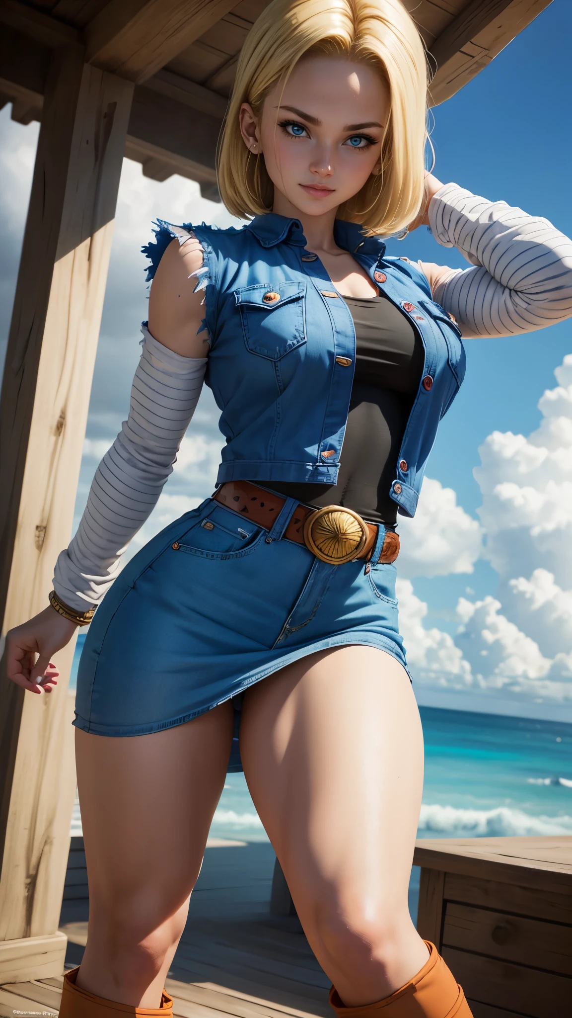 Android 18 da dragon ball,(best quality, 4K,8k,high resolution,work of art:1.2)(weather: cloudy), tropical island background, beach house, wide hips, short straight hair, blonde hair, freckles, denim vest, black top, striped sleeves, belt, denim skirt, tight leggings, boots, light makeup, dark eyeshadow, blush, sexy pose, glowing eyes, ultra detailed,portrait,realistic,beautiful detailed blue eyes, beautiful detailed lips,extremely detailed eye and face, long eyelashes,average, large breasts,flying hair,beaming smile, sexy smile, powerful girl, bright coloured, dramatic lighting,