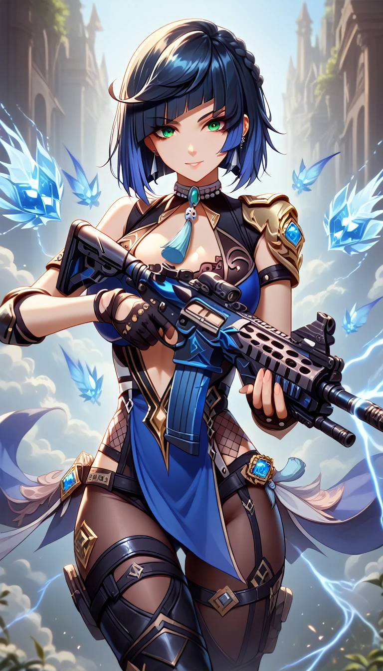 ultra-detailed, 1girl, yelan, ((masterpiece)), (best quality), (highres), 16K, black hair, blue hair, eyebrows hidden by hair, green eyes, multicolored hair, short hair, wearing tactical clothes, tactical belt, black panties, knee pads, holding weapon, holding assault rifle, busty body, large breasts and a beautiful ass, showcasing cleavage, legs, hips, looking at viewer, smiling, detailed face, detailed hair, detailed whole body, streets background