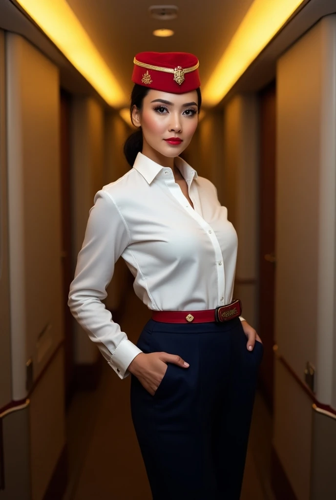 RAW, Best quality, high resolution, Masterpiece: 1.3), Beautiful Indonesian woman in hijab, full body, Masterpiece, Perfect slim body, ((Big breasteautiful big eyes, water eyes, Soft smile,hijab, Lion Air Stewardess Uniform, longsleeve, cover the body, one unbutton skirt (extremely detailed skin, extremely detailed hijab), flirting, happy, bokeh, sitting on the bed