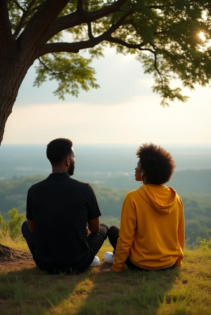 a couple of lovers from Papua , a man with brown skin, thin hair, almost bald. white women with long curly hair, beautiful, sexy, romantic, on top of a mountain, looking at a lake in a beautiful valley, the afternoon sun warms their skin.