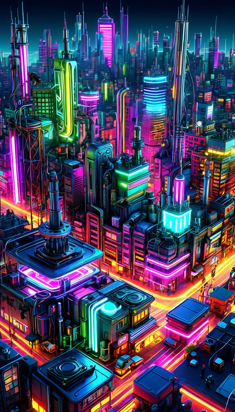 city where everything is made of mechanical, transparent, Bright neon colors, precision machine, mechanical,   machine parts , Led, Wire Cable, A fusion of all-round punk and all genre punk, Shading Effects,   gradation magic effect  , Mysterious effects, (Super detailed,  Hi-Res, Best Quality:1.3), 2.5D, Delicate and dynamic,  artistic pictures ,  super real ,  graphic CG digital fantasy art 