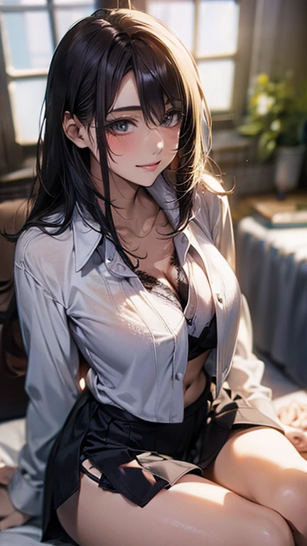 suspenders　　　Moderate breasts　 　 　　　　Small face　 　　　holster　　　Beautiful woman　　　　 Lying in bed　Looking up　　　　Sweat 　　　belt　summer　脇Sweat 　Black Hole Gloves　suit　shirt　　Black jacket　 Black trousers　Leg Links　ズボンにbelt　No bra　holster　Nipples show through the top of clothes
