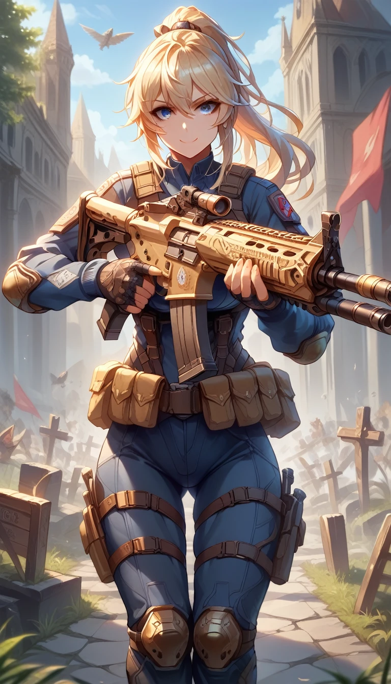 ultra-detailed, 1girl, (\qin\), ((masterpiece)), (best quality), (highres), 16K, long hair, blonde hair, ponytail, wearing tactical clothes, tactical belt, black panties, knee pads, holding weapon, holding assault rifle, busty body, large breasts and a beautiful ass, showcasing cleavage, legs, hips, looking at viewer, smiling, detailed face, detailed hair, detailed whole body, streets background