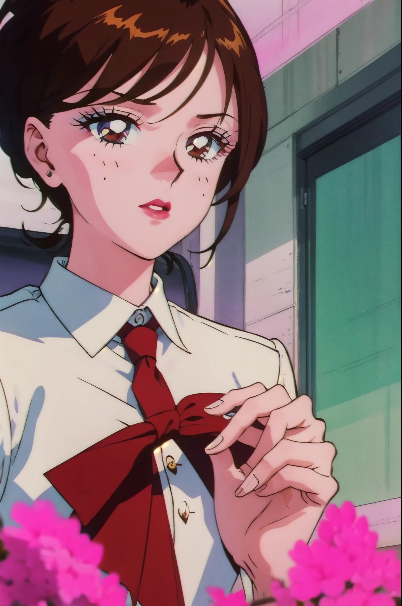 Girl, long light brown hair, brown eyes, sharp features, white skin, pink lips, perfect, wearing a school uniform.