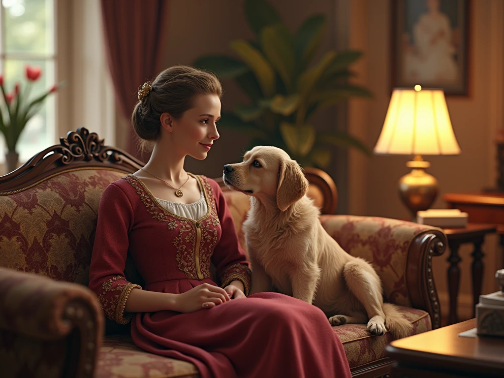 painting of a woman diamands on the hair in a pink silk Victorian dress sitting on a couch with a (((beagle dog))), konstantin razumov, ( ( konstantin razumov ) ), by Alexander Kucharsky, by Vladimir Novak, by Vladimir Borovikovsky, lovely languid princess, by Vladimir Baranov-Rossine, by Alexey Venetsianov