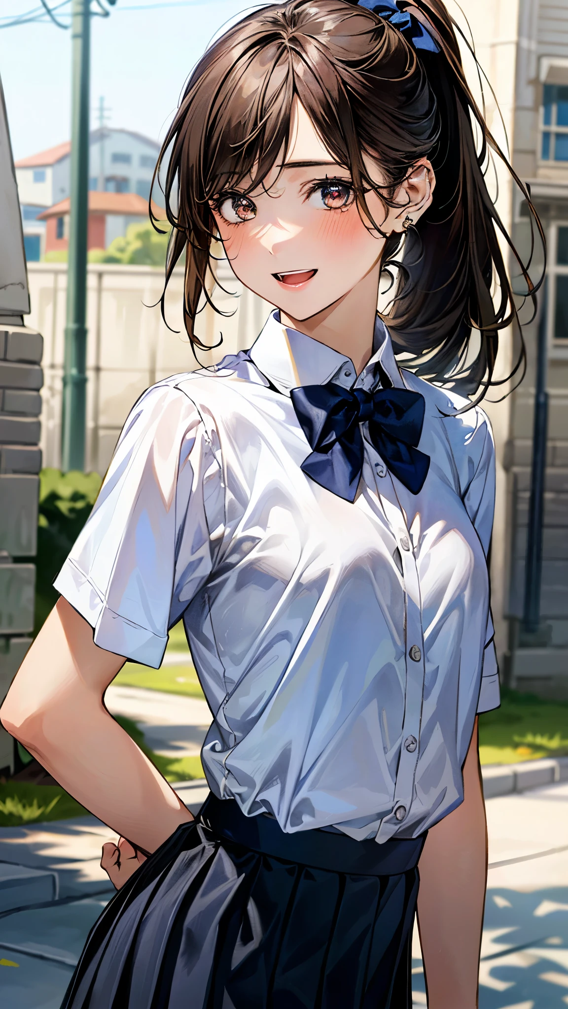 (masterpiece:1.2, top-quality), (realistic, photorealistic:1.4), beautiful illustration, (natural side lighting, movie lighting),
looking at viewer, 1 girl, japanese, junior high school girl, 12 years old, perfect face, cute and symmetrical face, shiny skin, slender,
(middle hair:1.2, half updo:1.4, light brown hair), asymmetrical bangs, brown eyes, long eye lasher, (medium breasts:0.7),
beautiful hair, beautiful face, beautiful detailed eyes, beautiful clavicle, beautiful body, beautiful chests, beautiful thigh, beautiful legs, beautiful fingers,
((detailed cloth texture, short sleeve white collared shirt, blue pleated mini skirt, blue bow tai)),
(beautiful scenery), evening, (riverside), standing, (cute, lovely smile, open mouth),