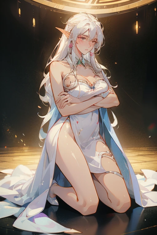  White hair ，Long hair，Beauty，Big breasts（and），一个Beauty穿着白色蕾丝 strappy dress，sleeveless，White skirt， strappy dress， white dress ，Enchanting cleavage ，Elf ears，Pointed ears， blush，shy，Big Breasts，Kneeling，Full body photo