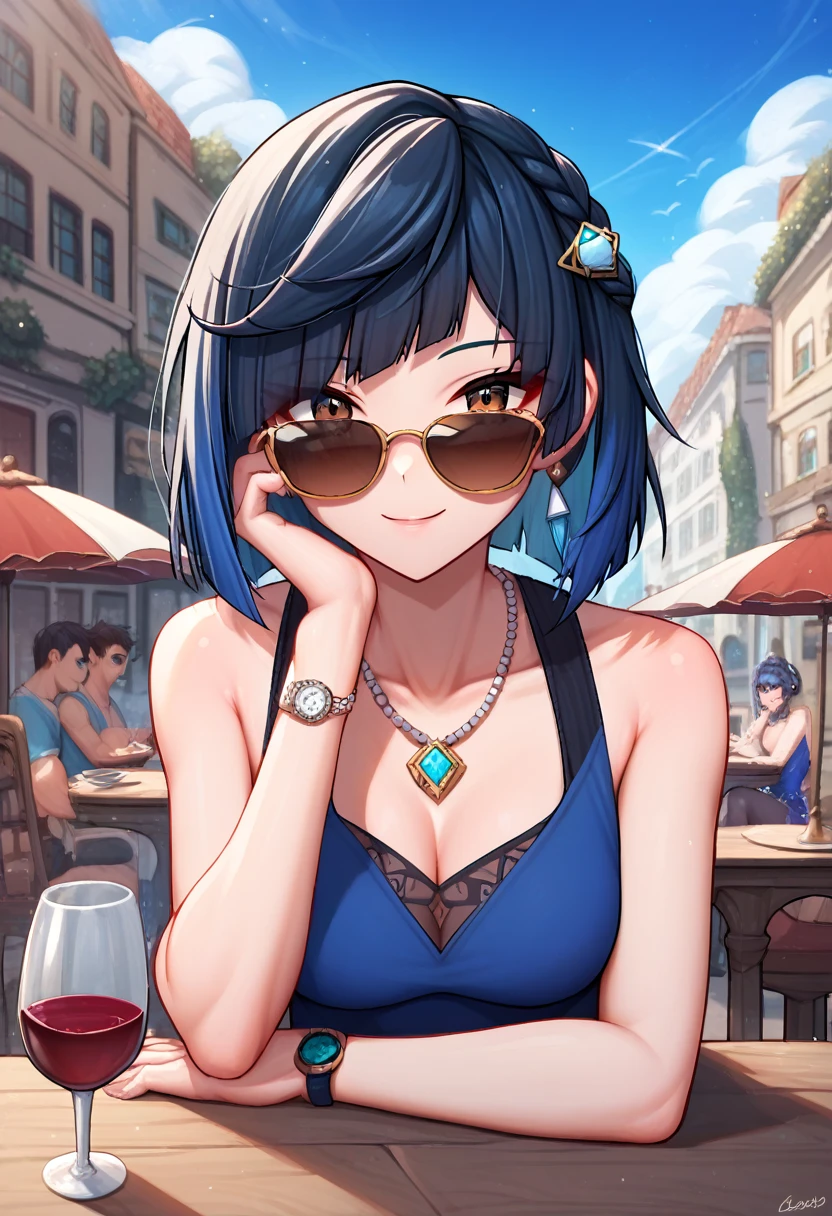 score_9, score_8_up, score_7_up, score_6_up, score_5_up, score_4_up, source_anime, 1girl, yelandef, upper body, sunglasses, brown eyes, smile, blush, dark hair, default dark blue hair, clean hair, blue dress,  wine, hairpin, Italian cafe, sit, table, Italian street, looking at the viewer, watch, day, best quality, best res, 4K UHD,
 