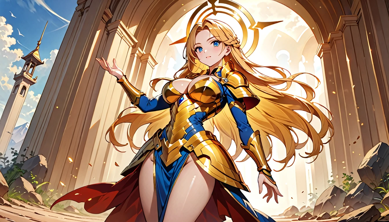In an enchanting, anime-style realm, a distinctive woman, elegantly adorned with an armor meticulously sculpted from vibrant pineapples, captivates the eye. The tones and colors of this tropical fruit, harmoniously blended, paint a vivid and exotic backdrop - the magnificent castle that serves as her home. The pineapple woman, fully embodied in this captivating armor, stands tall with a physique that showcases perfect character design, each curve and line exuding grace and strength. The armor, intricately designed, accentuates her slender figure, the golden undertones of pineapple weaving through the armor's fibers and reflecting the warm,