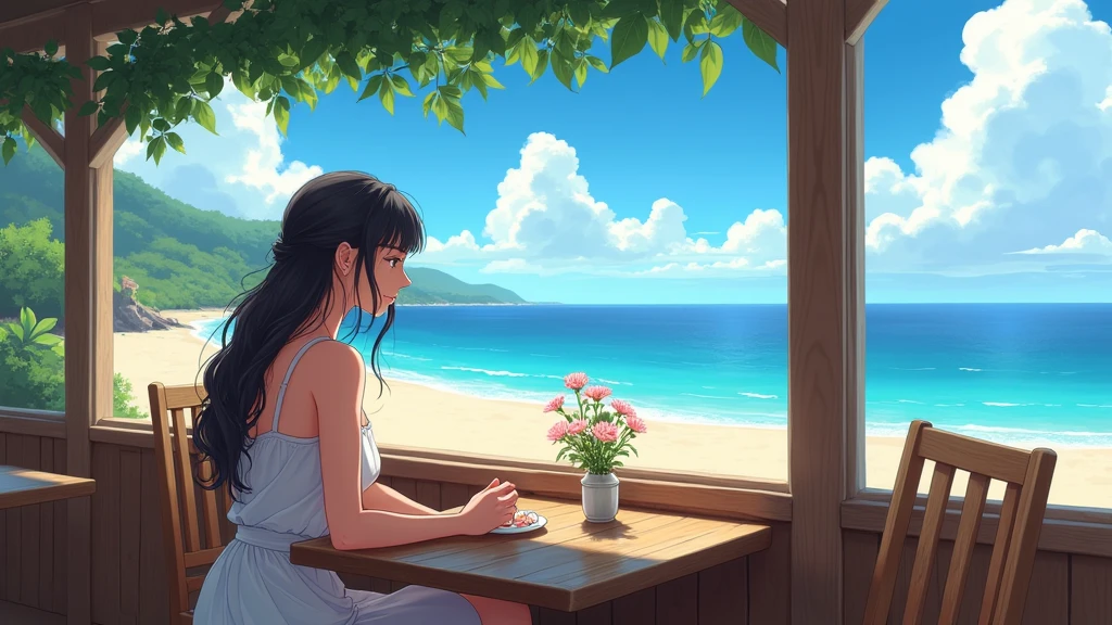 A woman drinking in a small cafe bar and looking out at the sea