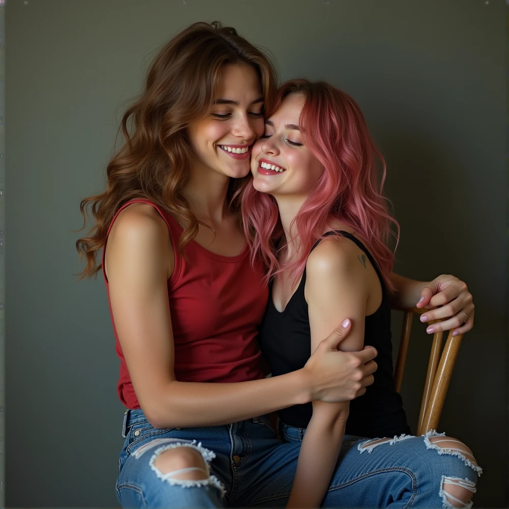 A couple of women in love, that one has red hair and the other has black hair, One hugs her from behind, surrounding her waist while her chin rests on her shoulder. 