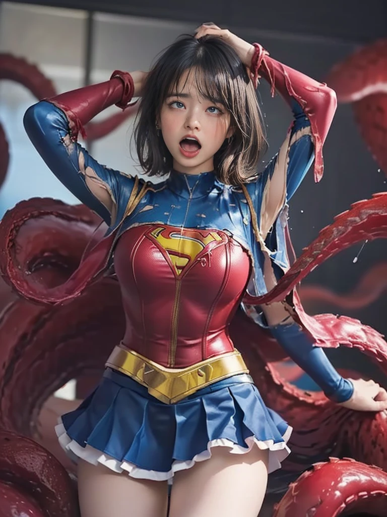 (8k、Highest quality、masterpiece:1.2)、(Realism、Photorealistic:1.37)、Ultra high definition、(Highest quality)、(masterpiece)、Supergirl trapped by tentacles、(Perfect fit body、Perfect fit、Perfect Thighs)、(((Wearing the Supergirl suit、skirt、Damaged、torn、Thighs in torn clothes、 Exposed arms)))、Long Hair、Long Hair、(((Tattered clothes、Too much exposure、torn clothes、Ripped skirt、Tattered skirt、 all over the body、 sticks to the body、 on the face、 on chest、)))、(((The background is a prison、Hands clasped behind head、Surrounded by tentacles、The body is connected by many tentacles.、Hands bound by tentacles、The legs are tied with tentacles、Tentacles groping the whole body、color々Mature woman posing))),(Open your mouth、Scream、groan in pain, Feeling pain, Flowing Tears:1.5), pain, Painful and crying、A meat stick is stuck in his crotch、