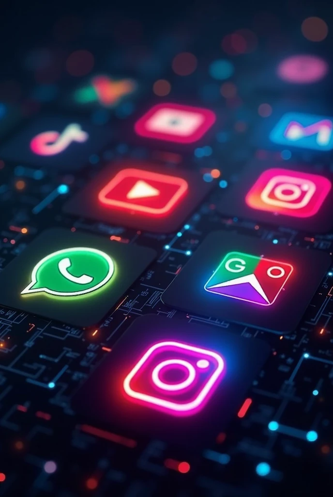 Design a futuristic, dark-themed background illuminated by neon icons of popular social media platforms, including WhatsApp, YouTube, Google, Facebook, Instagram, and TikTok. Each icon should glow in its signature color — green for WhatsApp, red for YouTube, blue for Facebook, multicolor for Google, purple-pink gradient for Instagram, and black-white for TikTok — to create a vibrant and visually striking effect. Arrange the icons in a scattered, slightly overlapping pattern to create a dynamic flow, with subtle digital elements like grids or light streaks in the background to enhance the tech-focused, modern aesthetic."