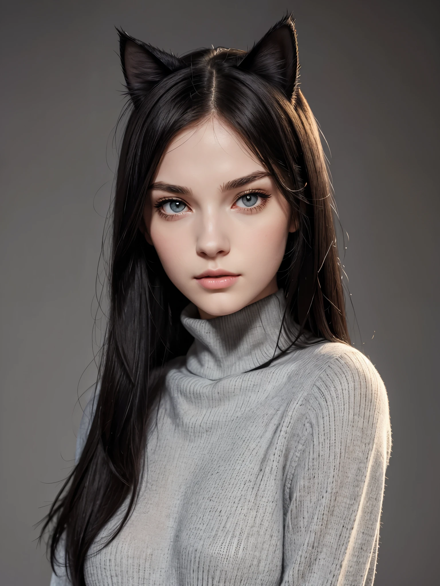 (best quality), 1girl, female, pale skin, (black hair), long hair, straight hair, grey eyes, perfect eyes, turtleneck sweater, (cat ears), stylish, elegant, serious, normal bust, masterpiece, anatomically correct, highres
