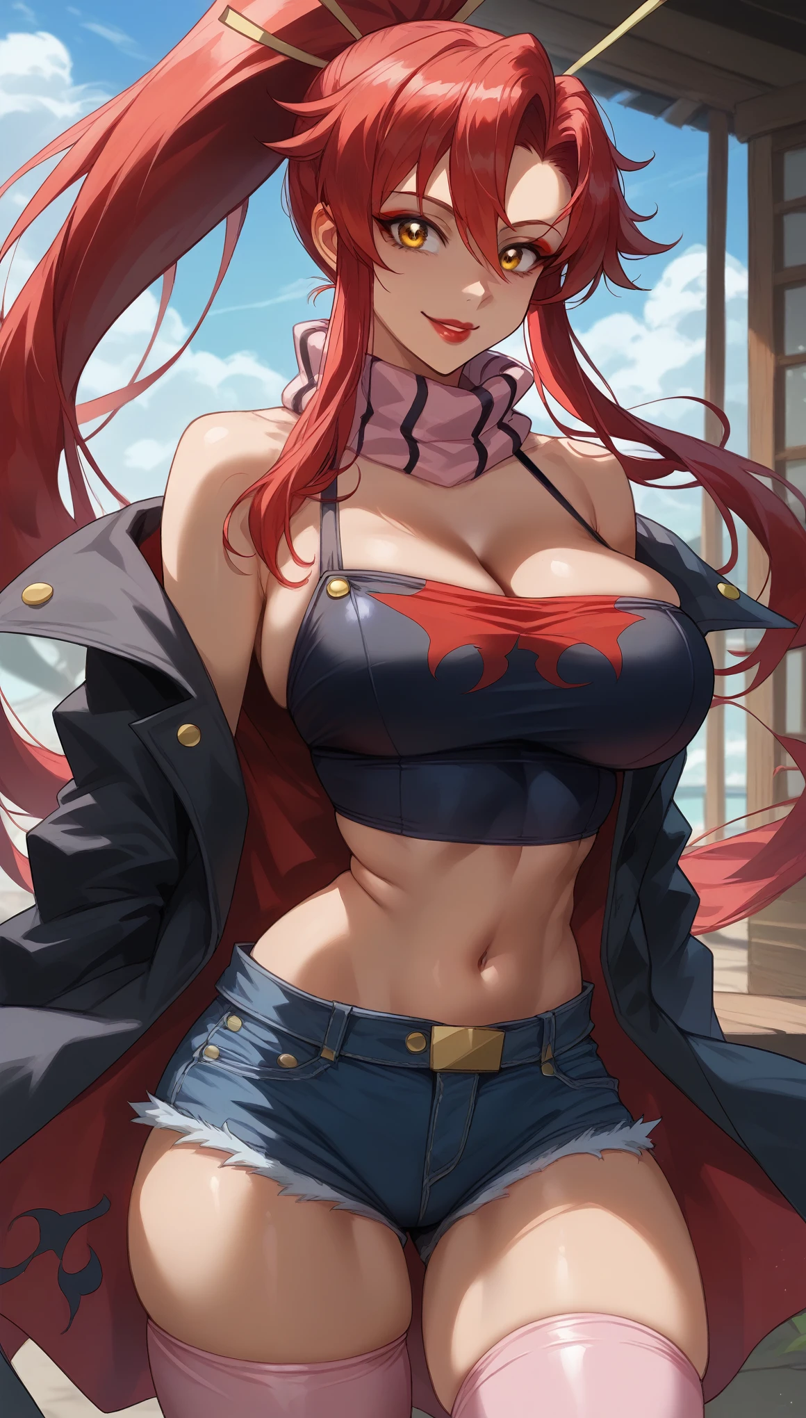  perfect eyes、 perfectly sexy face、Ultra Detailed、 golden eyes、Yoko Littner、Tengen Toppa Gurren-Lagann、shiny hair、( Big breasts ), black shirt、black jacket、Tight Waist、thin waist、 dark blue denim shorts、 Thigh straps 、shiny skin、 tanned skin 、Beleza、erotic、Red Eyeliner、 red lips、wicked smile、 looking at the viewer 、