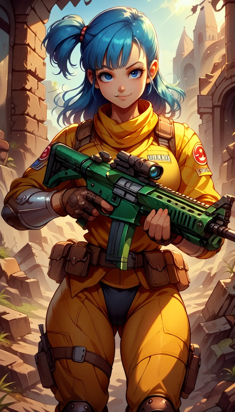 ultra-detailed, 1girl, bulma, ((masterpiece)), (best quality), (highres), 16K, perfect face, blue eyes, long hair, blue hair, side ponytail, one side up, wearing tactical clothes, tactical belt, black panties, knee pads, busty body, large breasts and a beautiful ass, showcasing cleavage, legs, hips, holding weapon, holding assault rifle, looking at viewer, smile, detailed whole body, ruins background 