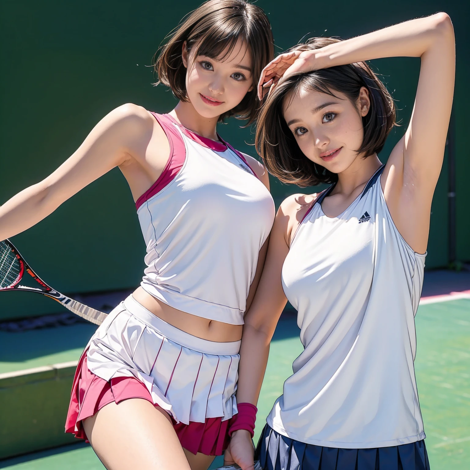 Girl and girl, ((tennis wear)), light smile, outdoor,