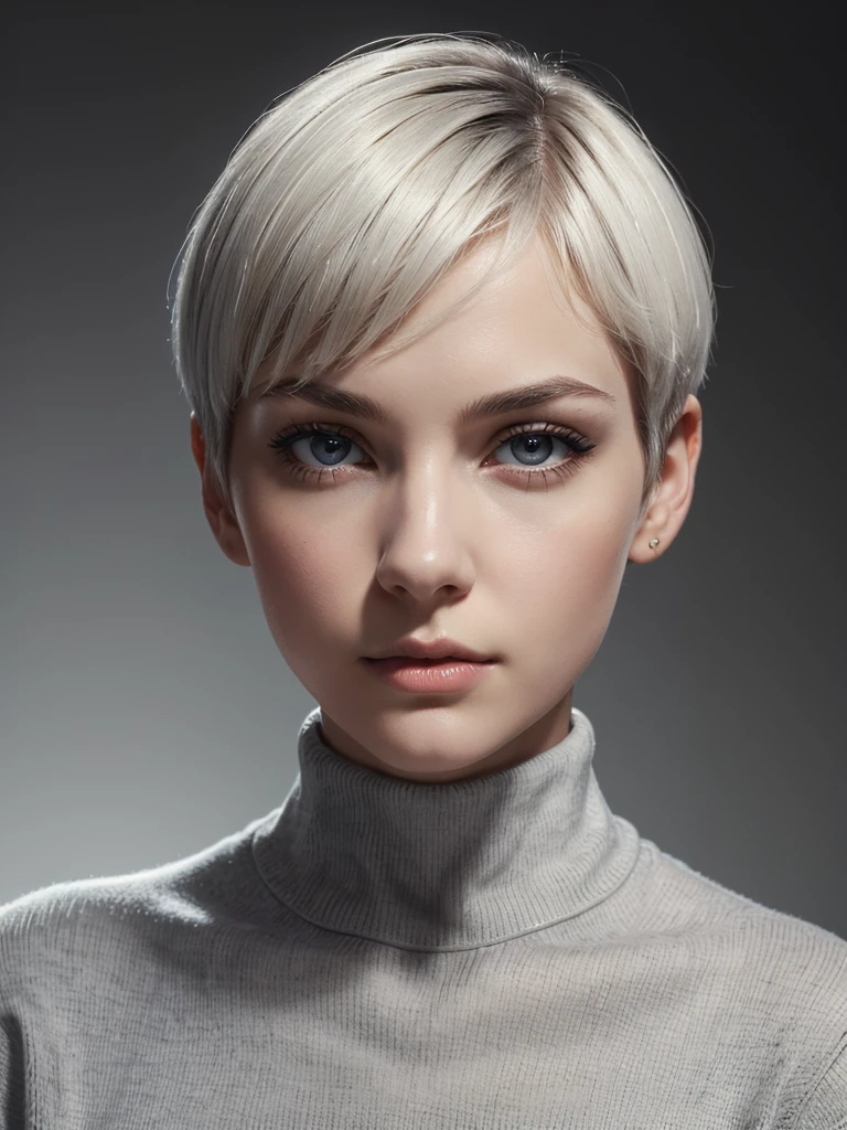 (best quality), 1girl, female, pale skin, (black hair), short hair, pixie cut, straight hair, grey eyes, perfect eyes, turtleneck sweater, stylish, elegant, serious, normal bust, masterpiece, anatomically correct, highres
