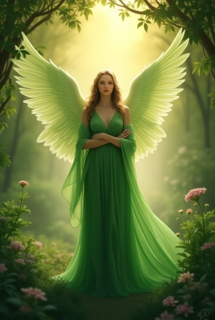 WINGED ANGEL WOMAN, HUGE WINGS, HUGE LONG HAIR, BROWN HAIR, PALE SKIN, GREEN EYES, LOVELY FACE EXPRESSION, SHY SMILE, LONG BEIGE DRESS, HUGE LONG DRESS, LONG FLARE SLEEVES, ATHLETIC BODY, FORREST, DAYLIGHT, SUN, MITHOLOGY, ROMANTISM, ACCURATE IMAGE, MASTERPIECE