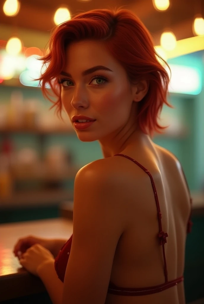  photorealistic ,  View from the back ,  best quality , Instagram Template, (hyper detailed: 1.4), sitting at a bar,  long distance , ((short red hair:1.4)),  green-eyed,  Detailed eyes, wearing a bikini, Beautiful young Brazilian , ( highly detailed face :1.4),  exuding a natural glow,  soft lighting , smile, Sunset time ,  breathtaking beauty , Sensual, seductive,  brightly colored