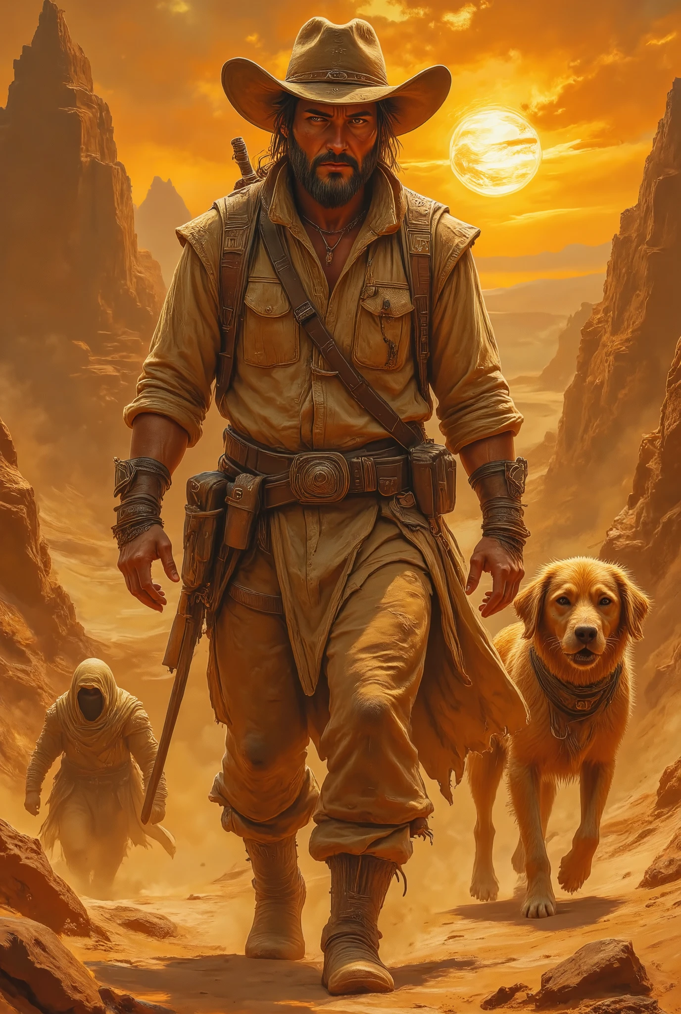 "Desert Mirage" Main character: A weathered, determined explorer with a rugged charm. Background: Vast, sun-baked desert dunes under a blazing sky. Supporting characters: A mysterious, veiled figure and a loyal, scruffy dog. Branding type: Vintage adventure. Tagline: "Lost in the sands of time." Visual style: Bold, sun-bleached colors with dramatic shadows.