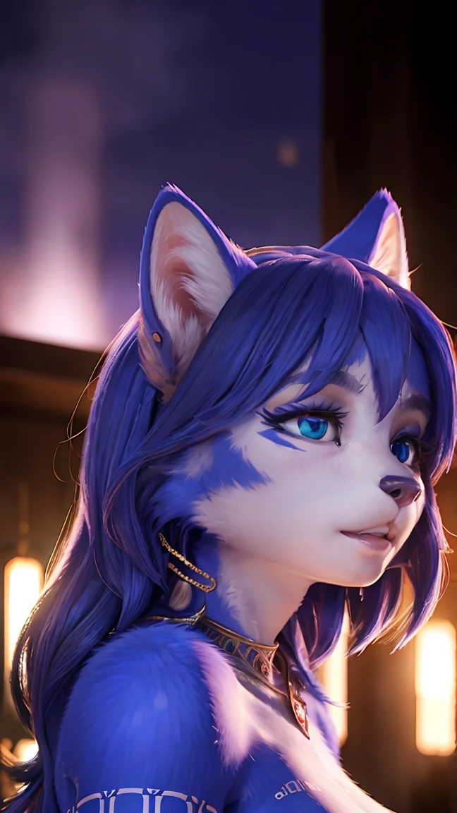 head portrait, looking at viewer, sexy, angry, upper body, straight-on, front facing, krystalodd, 1girl, furry female, furry, fox girl, fox tail, aqua eyes, purple hair, pink hair, violet hair, long hair, bangs, two tone fur, body fur, blue fur, white fur, circlet, red gemstone, headband, black suit, clothing cutout, cleavage cutout, blue gemstone, cleavage, v arms, arms crossed, pressing breasts together, bedroom, volumetric lighting, realistic, blurred background, depth of field