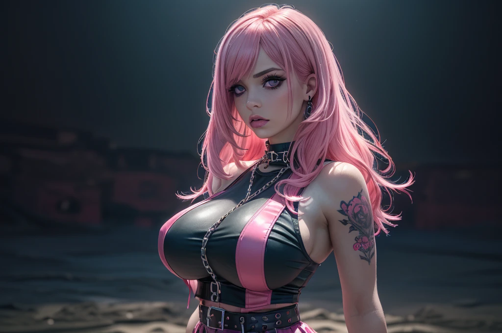 (ultra realistic,32k, masterpiece:1.2),(high detailed skin:1.1),( 8k uhd, dslr, high quality:1.1),
 1girl,pink hair, long hair,(aqua eyes:0.9),edgPastelGoth, pink latex goth outfit, chain skirt, , huge breast,tattoo,
(looking at viewer, portrait:1.1),,(upper body:1.1),
,(moody lighting:1.1), blank background,