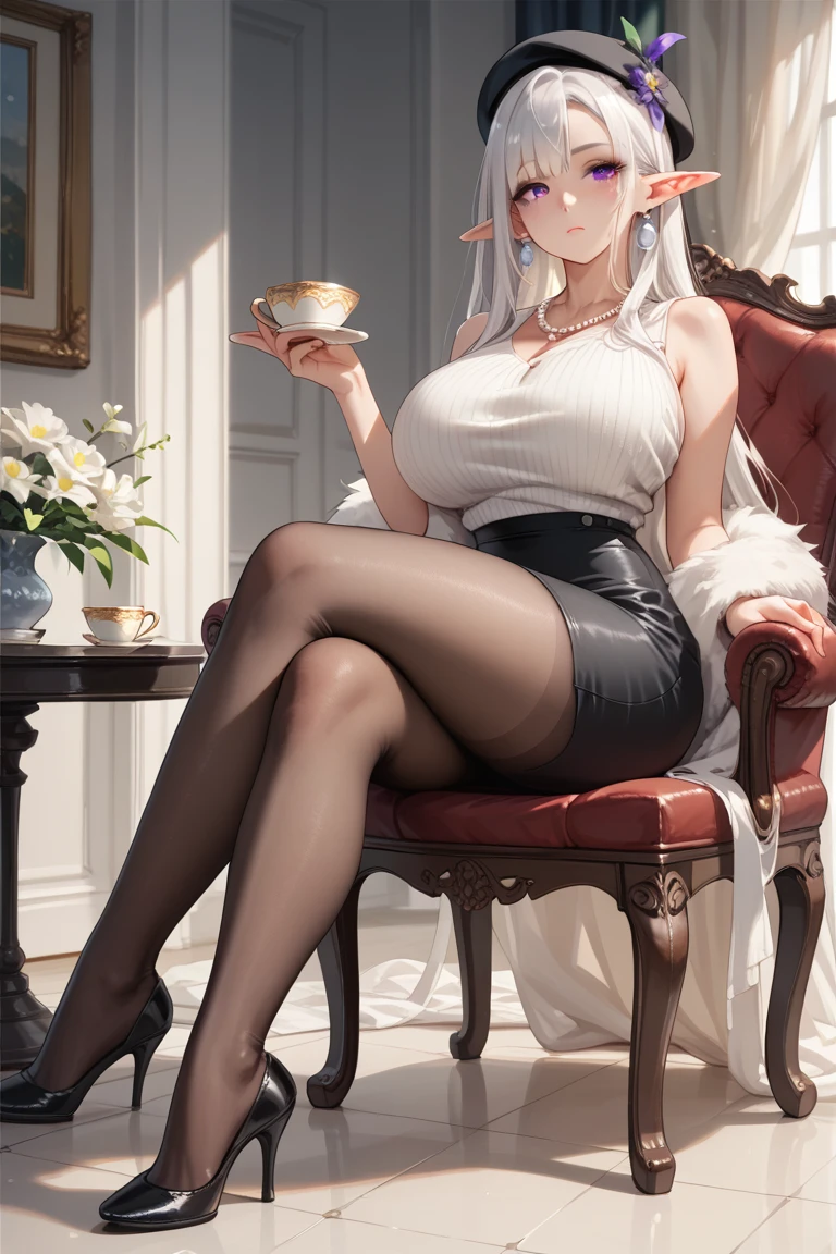 (1girl), (masterpiece), (best quality), ((looking at the viewer)), ((full body)),((facing the viewer)), ((dress that shows off her figure)), ((White hair)), (((sitting on chair with legs crossed))), (((good anatomy)))
A stunningly beautiful young woman with hair as white as snow and deep blue eyes like sapphires gazes gracefully out of her window upon waking. Her figure is slender and elegant, adorned in a delicate, exquisite nightgown of white silk embellished with lace that accentuates her flawless skin under the soft morning light. She holds a teacup with grace, while the first rays of the sun illuminate her angelic face, reflecting an aura of serenity and tranquility.