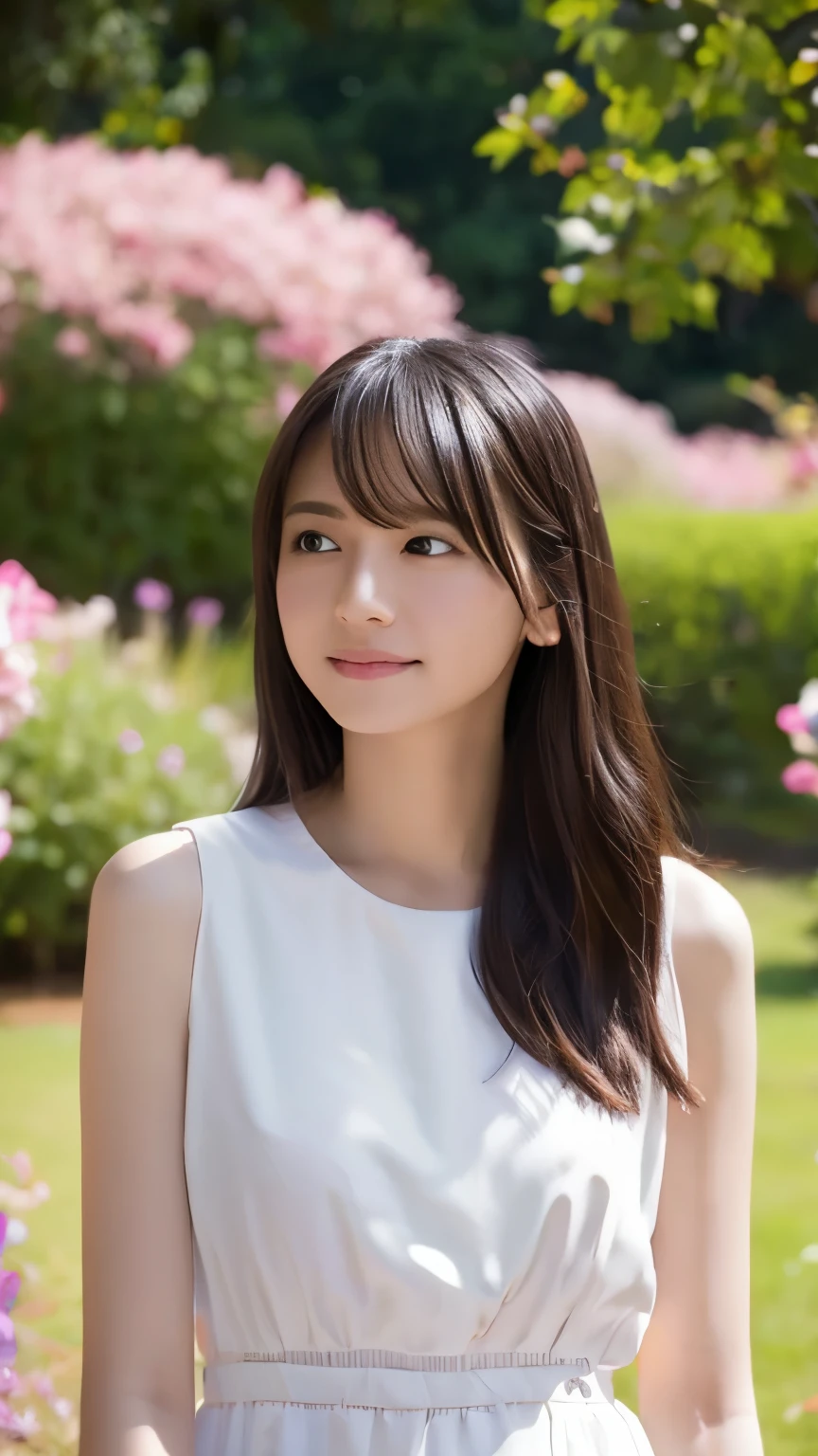 Best Quality、4K、8k、 Kampala、masterpiece:1.2、 very detailed 、Real:1.37、 portrait、Soft colors、Gentle Light、A girl exuding fatigue、Long flowing hair、Delicate facial features、Thoughtful eyes、 white skin、Happy expression、 soft pastel colors、 GREAT ATMOSPHERE 、shirt、Subtle brushwork、Dreamy composition、gazing into the distance、 Romantic Atmosphere、、Calm colors、Soft Shadows、 display above my waist、Ample breasts、Flower field in the background、Wearing sleeveless top、I'm wearing a G pan 、