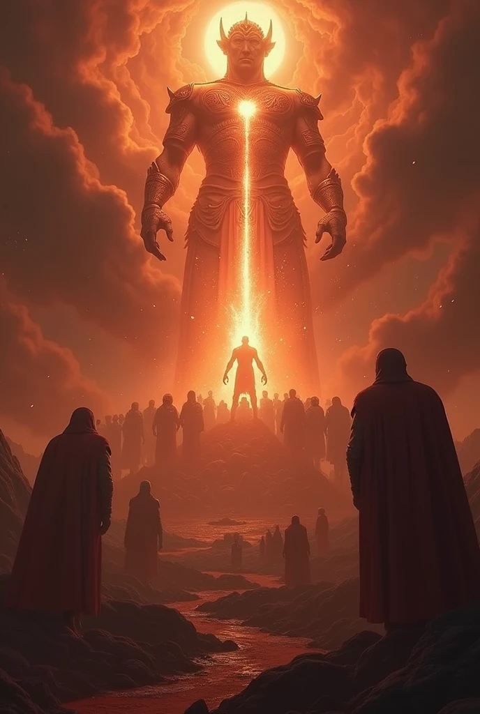 At the foot of the volcano, Vortex, Varys, and a male fire incarnation stand. His whole body is engulfed in burning flames, and Vortex and Varys are talking to each other with serious expressions. Vortex has long black hair blowing in the wind, wears a black coat, and holds a dark sword. His cold eyes stare sharply at the fire incarnation. Varys wears gothic black armor and carries a large sword engraved with ancient characters that shine with blood-red jewels. His eyes are prepared for battle, but his calm gaze directed at the fire incarnation is impressive.
The fire incarnation is engulfed in burning flames, and the heat distorts the surrounding air. A scorching aura is emitted from his red-hot body, approaching Vortex and Varys. The three of them face each other in the rugged landscape of the volcano, exchanging words as if they are clashing their powers. A tense moment where fire, darkness, and great power collide, causing the surrounding earth to tremble.