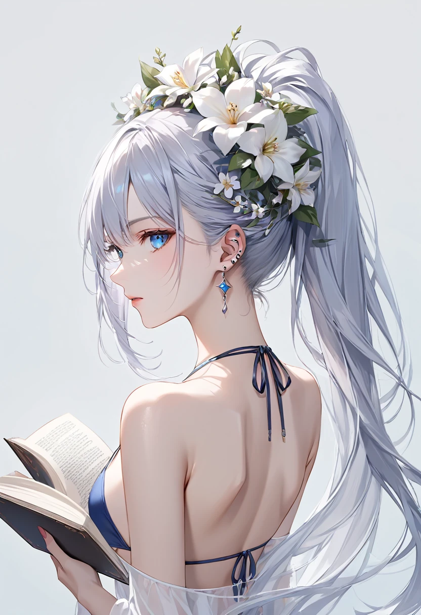 hyper-realistic  of a mysterious woman with flowing silver hair, piercing blue eyes, and a delicate floral crown, backwards, looking back, upper body, in bikini, light cloths, reading book