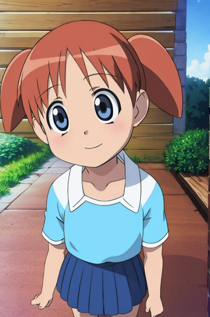 chiyosull, pigtails, masterpiece, best quality, highres, 1girl, beautiful detailed eyes, extremely detailed eyes and face, long eyelashes, (petite, chibi),high twintail, light blue t shirt, orange rah rah skirt, day, playgrownd, day, smile, vibrant colors, warm lighting, outdoors, standing