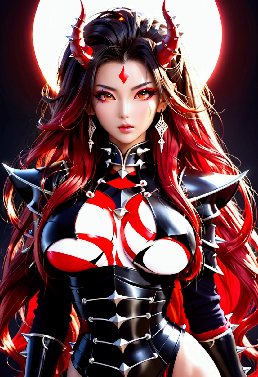 Create an image of the most stunningly gorgeous beautiful kijin, Stunningly gorgeous perfect face,  perfect makeup, detailed perfect silky smooth skin texture, detailed hour glass body figure, very long styled hair,  (matte black kijin armor spiked), ((underboob))), red horns, 