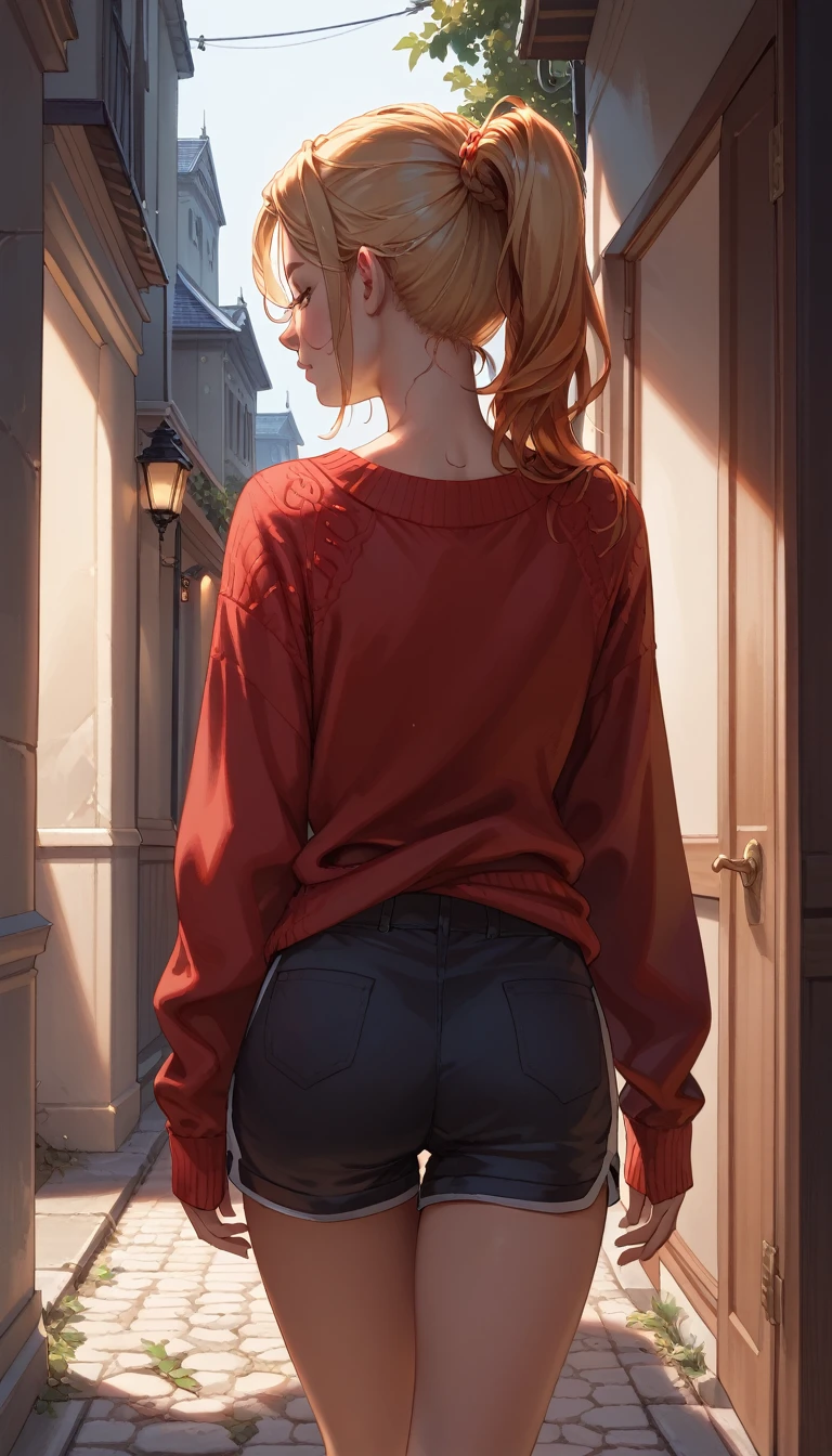 score_9, score_8_up, score_8_up, 1girl, blond girl, anime girl, entering modern building, night, walking threw dark doors, back view , sexy body, long messy blond ponytail, black sport shorts, red sweater top, material detail,  fit body, big boobs, teardrop shaped, thin waist, lab door, autumn night, detailed dirty street, detailed old buildings, scarry athmosphere, dark night, sexy, brolen scarry streetlights, negative_hand, g0thicPXL, GTA