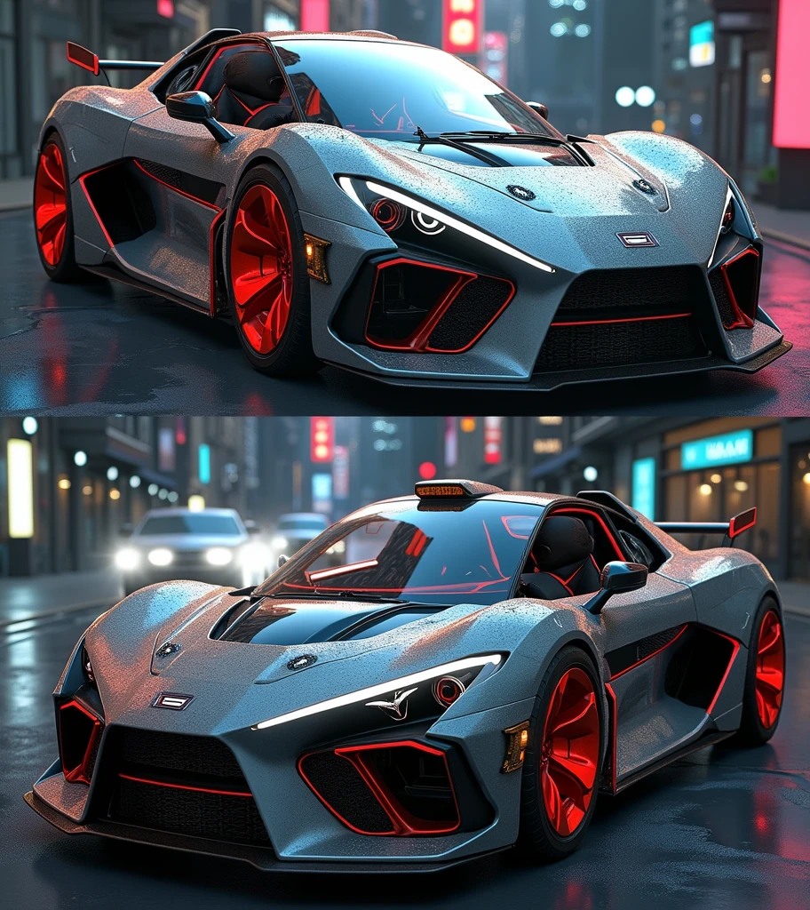 ( high quality, best quality), (mise au point nette) Fond d'écran Unity 4K, vue de trois quarts avant, cyberpunk white sports car, , ( very dark black skin :1.2), depth of field, bokeh, the day, ville, neon lights