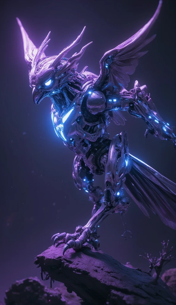 (best quality,4k,8k,highres,masterpiece:1.2),ultra-detailed),futuristic robotic owl,full body,colorful neon light,high-tech mechanical part,metallic claws and wings,metallic head and peck,metallic feathers,extremely cool,metallic legs,bionic eyes,detailed feathers design,sharp beak,hovering in mid-air,electric blue and vibrant purple colors,vivid glowing eyes,reflective metal surface,shadowy environment,dynamic pose,imposing presence,technological advancements,interlocking mechanical gears,dynamic and sleek design,motion blur effect,meticulous craftsmanship,sci-fi atmosphere,streamlined aerodynamic shape,laser scanned patterns,holographic projections,glowing circuitry lines,hauntingly beautiful,otherworldly precision,advanced sensors,complex algorithms,ominous and mysterious ambiance,electrical sparks,shiny chrome plating,futuristic propulsion system