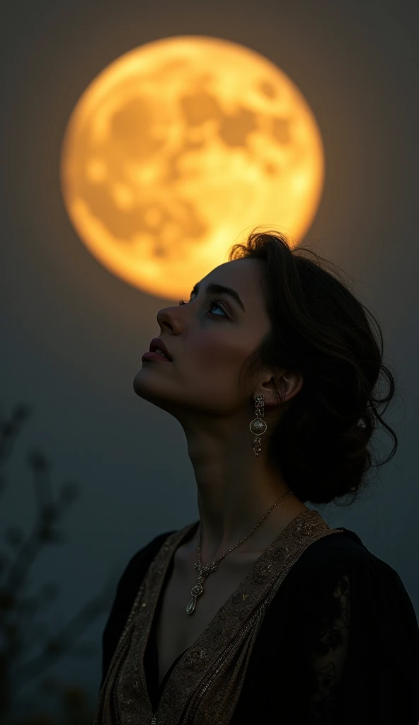 The photo of a beautiful young Iranian woman who is watching the full moon in the sky and the moon is very big and takes up most of the image, the color of the moon is golden yellow.