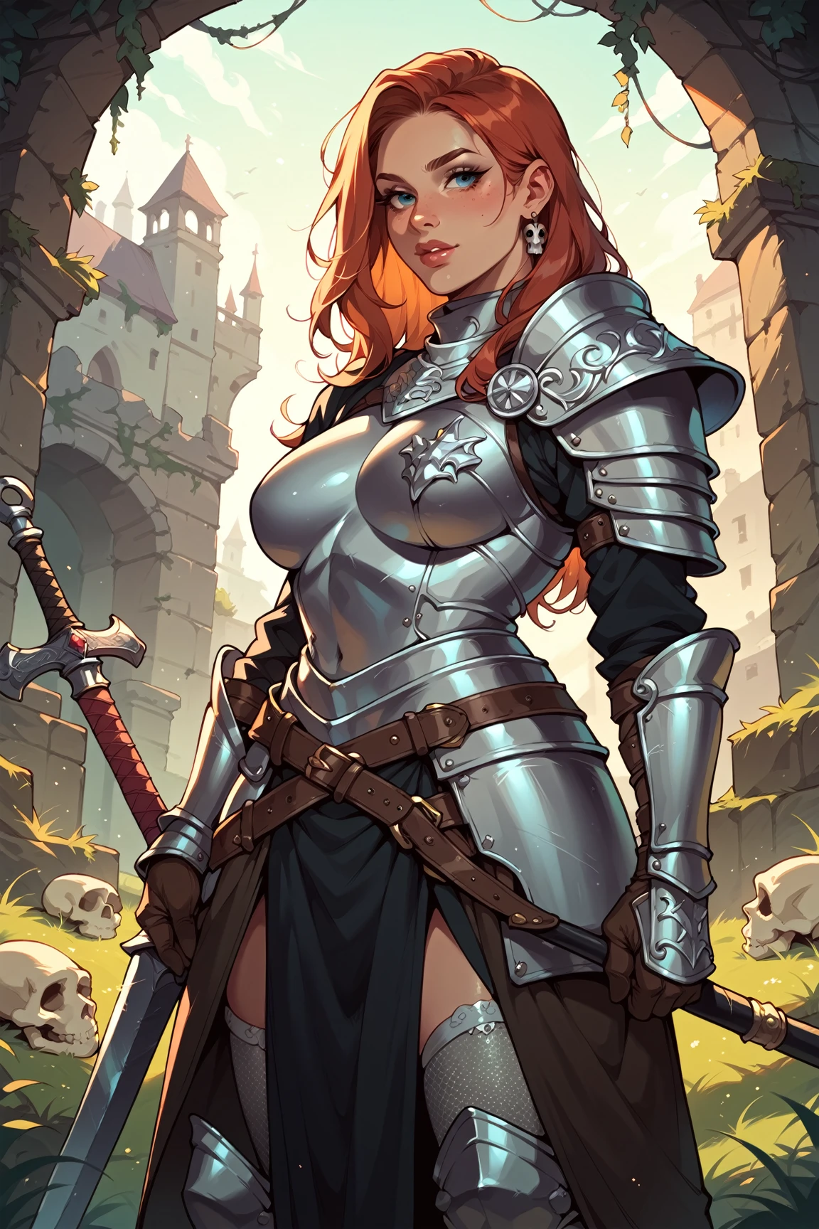 ((((masterpiece, best quality, high resolution)))), Extremely detailed 8K, 1 female, wearing a warrior type of armor, (Ultra HD, Ultra-detailed, Highly detailed, Highly realistic, Ultra-realistic, photograph realistic), (1girl:1.5), (Realistic red hair), (dynamic poses), facing at camera, looking at viewer, (a serious calm face), (regular black eyes, sharp eyes), (perky breasts:1.2), (beautiful detailed face, beautiful detailed eyes), ((armor damaged)), (preparing for a fight), sweat, glow, (sunbeam, sunlight), ((cowboy shot)), battlefield background, seductive, EnvyBetterHands LoCon,