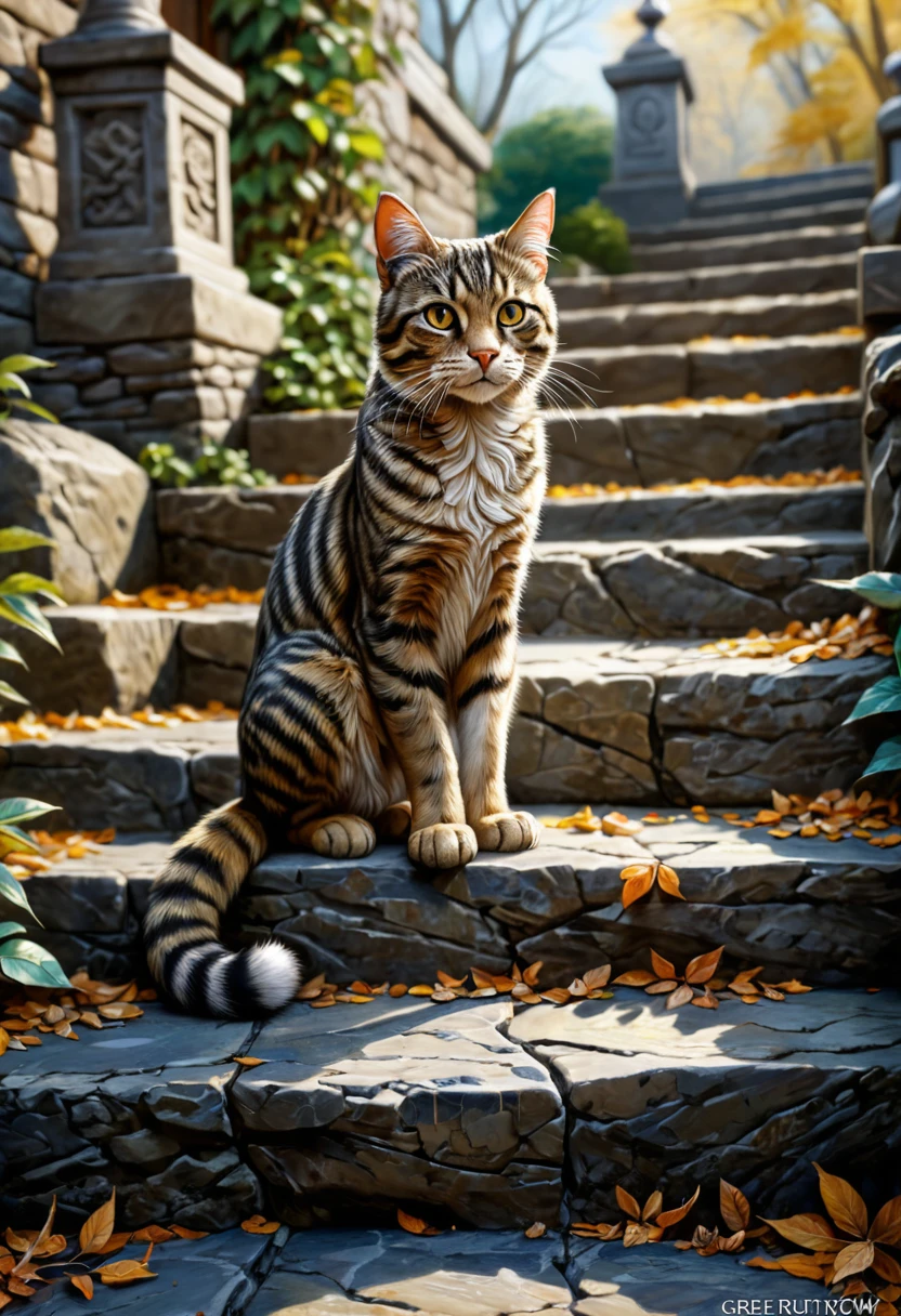 Cat on the Stone Steps, by greg rutkowski.
best quality, masterpiece, intricate details, ultra-detailed