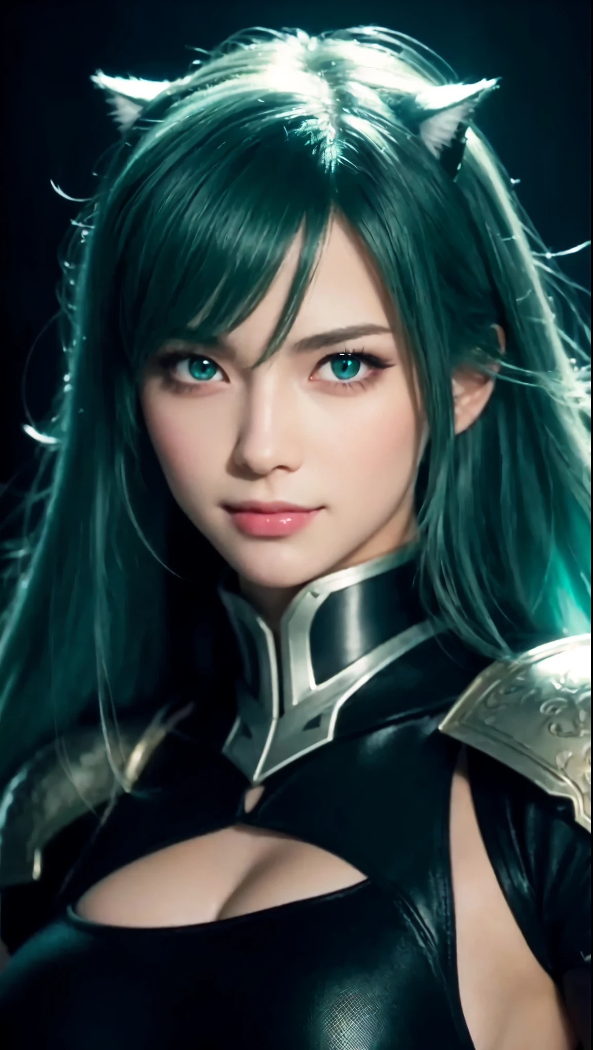 8k,Magnificent Fangs,white mohawk hair,A close-up of a girl wearing a white cat ear costume(Like the real thing) ,Muscular macho body,Gorgeous green and black armor,white mohawk hair,Lavish decoration,Green Eyes,Ultra-Realistic Skin,Fangs are visible from the mouth,Portrait of a Knight, ig model | ArtJam, Very detailed artgerm, Fan Art Best Art Station, 2. 5d cgi animation,Gorgeous Mature Paladin, Detailed digital anime art, Alexandra Fomina Art Station, ArtJam ; 3d unreal engine5,Ultra-high resolution,A kind smile,Strong,Highest quality photorealistic RAW photos。Backlight、Cinema Lighting、Film Grain、50mm lens、Nikon D850、Ultra-Realistic Skasy art、Character Art、Ultra-high resolution、muscular and slim body、Ultra-Realistic Skin、Super Muscular Beauty,Clenching his fist and striking a dynamic pose,Showing ,Super Muscular Beauty,Female bodybuilder body types,Very large ,