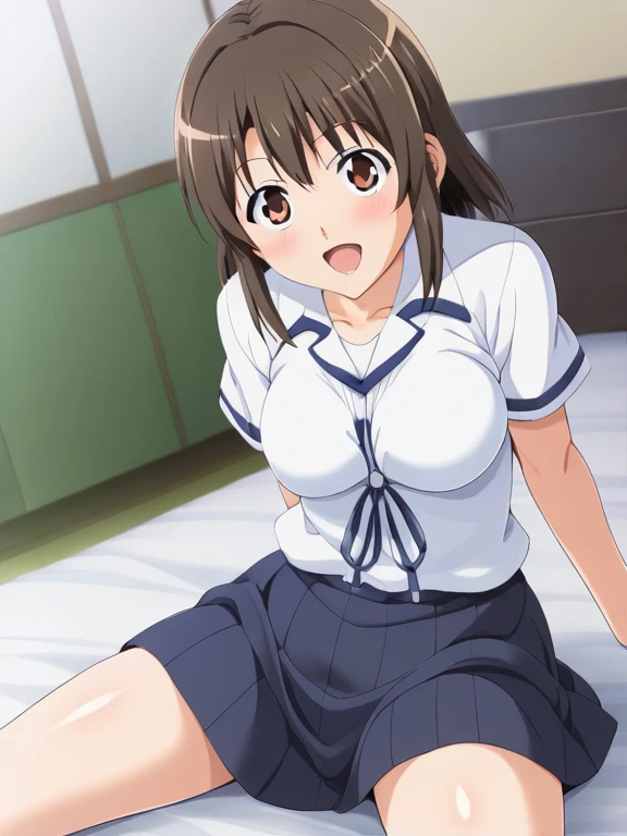 (((pixel perfect, detail perfect))), alone, 1 girl, Misaka Mikoto, tokiwadai , bow, looking at the viewer,, whole body、(Breast Exposure、Nipple exposure、medium breasts))、smile、Tokiwadai Junior High School Uniforms、白いパンティー,lie down on the bed