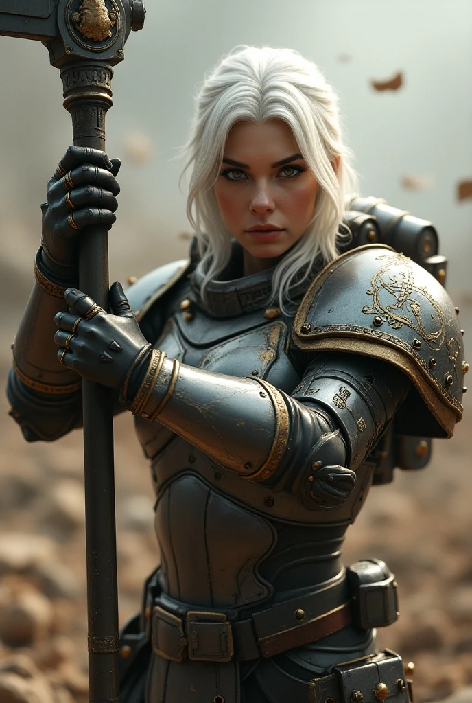 white woman , White hank and brown eyes and a Warhammer battle sister